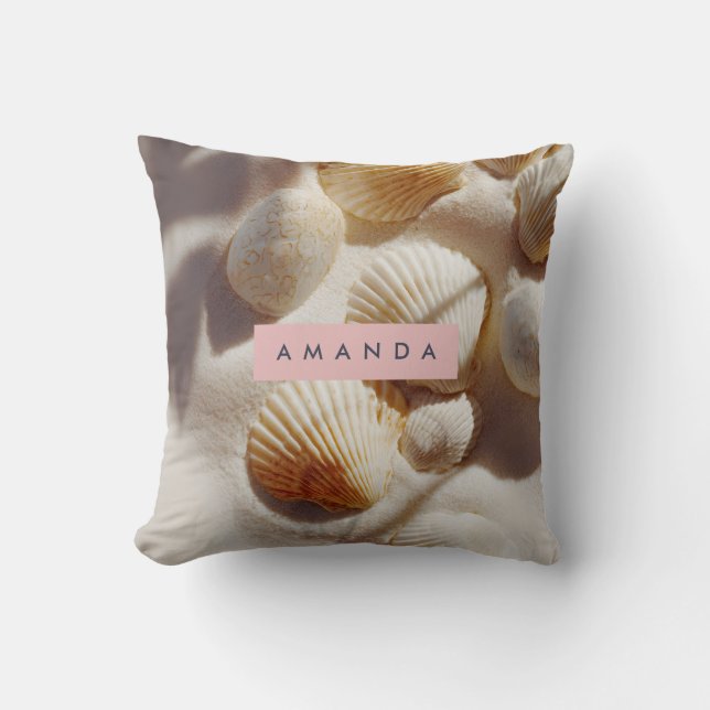 Personalized Pastel Coastal Seashells on Sand  Throw Pillow (Front)