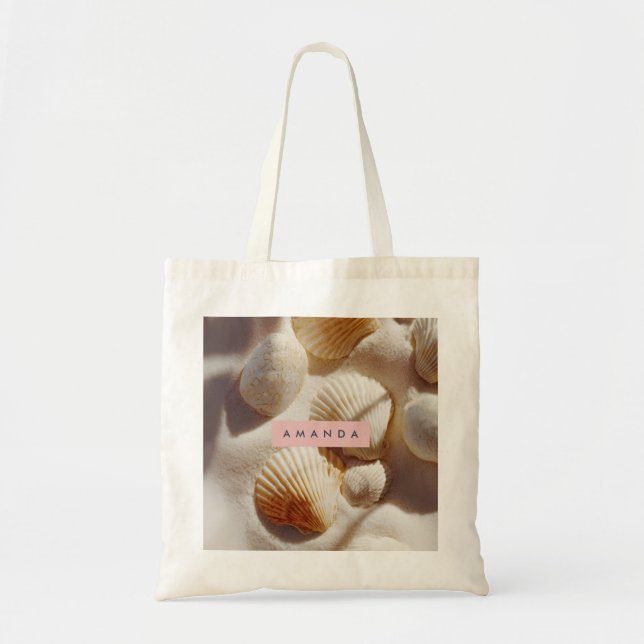 Personalized Pastel Coastal Seashells on Sand  Tote Bag (Front)