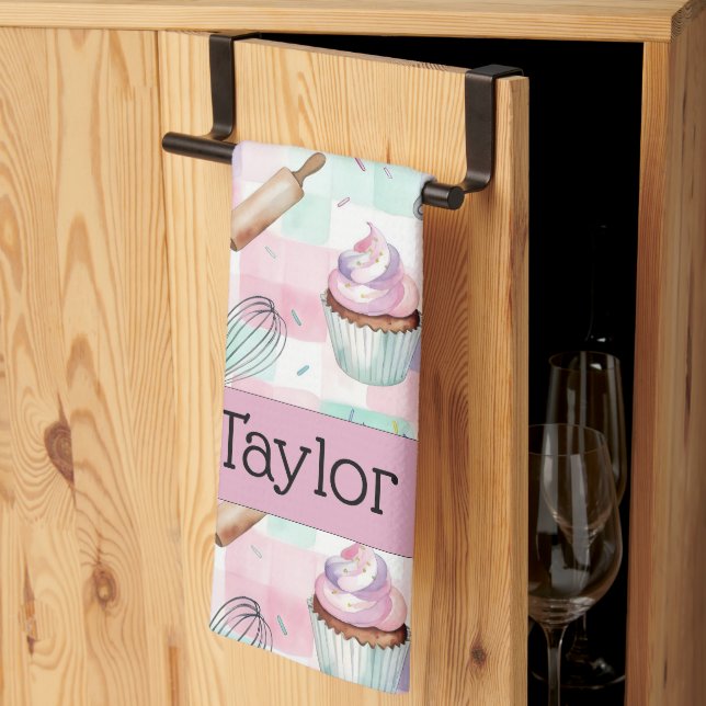 Personalized Pastel Cupcake Checkered Pattern Kitchen Towel (Thirds Fold)