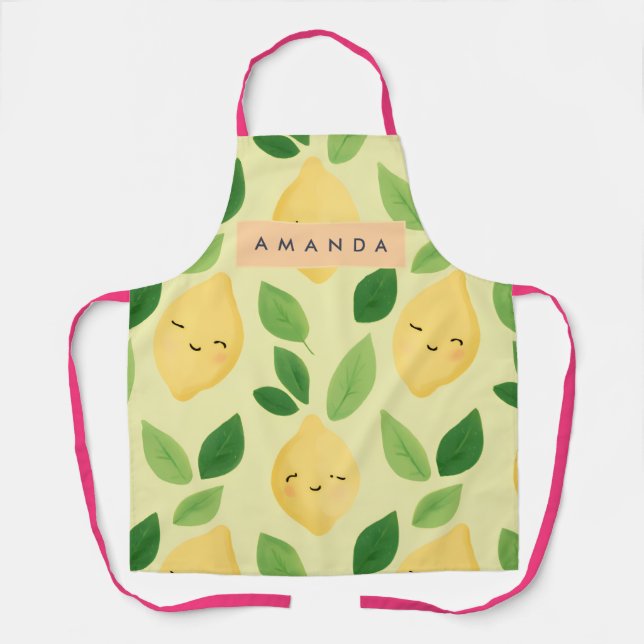 Personalized Pastel Cute Smiling Lemon Pattern  Apron (Front)