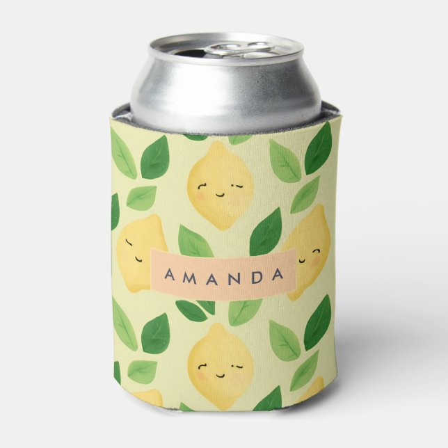 Personalized Pastel Cute Smiling Lemon Pattern  Can Cooler (Can Front)