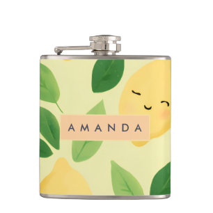 Personalized Pastel Cute Smiling Lemon Pattern Hip Flask