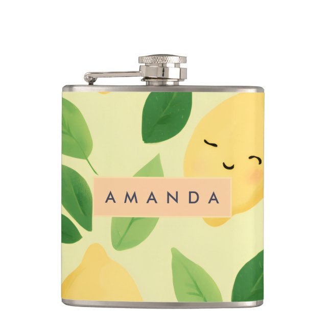 Personalized Pastel Cute Smiling Lemon Pattern  Hip Flask (Front)