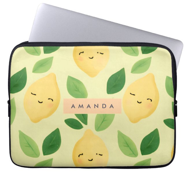Personalized Pastel Cute Smiling Lemon Pattern  Laptop Sleeve (Front)
