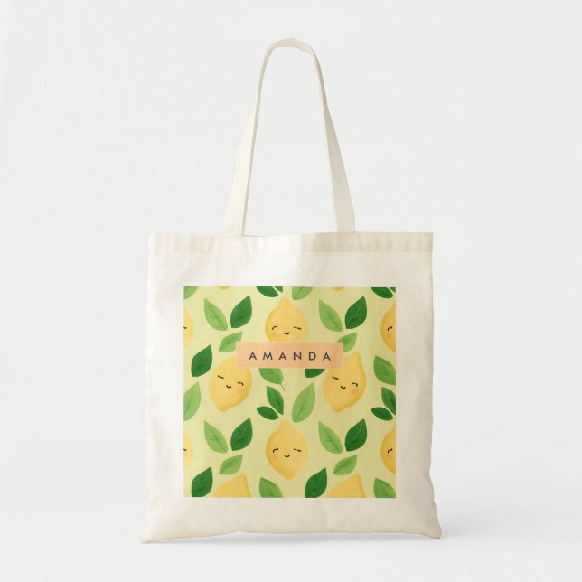 Personalized Pastel Cute Smiling Lemon Pattern  Tote Bag (Front)