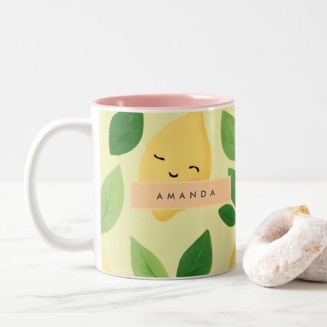 Personalized Pastel Cute Smiling Lemon Pattern  Two-Tone Coffee Mug (With Donut)