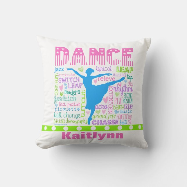 Personalized Pastel Dancer Words Typography Throw Pillow (Front)