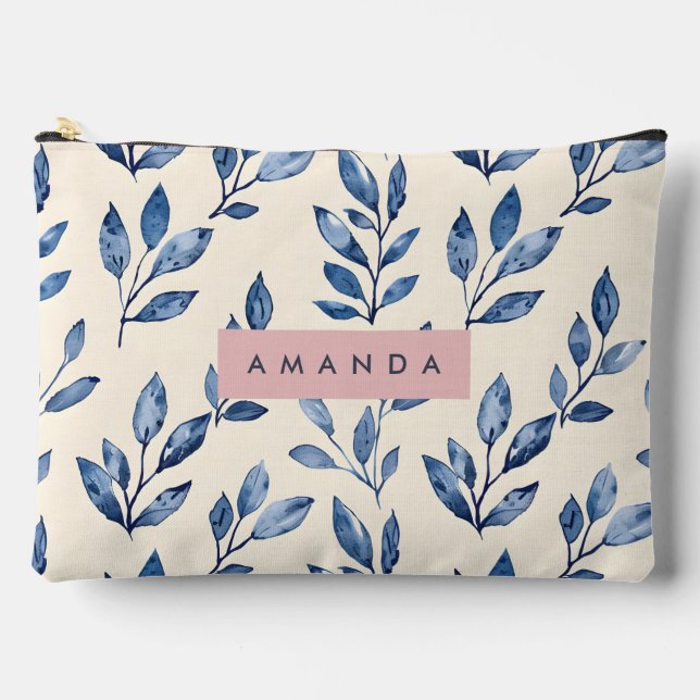 Personalized Pastel Elegant Blue Leaf  Accessory Pouch (Front)
