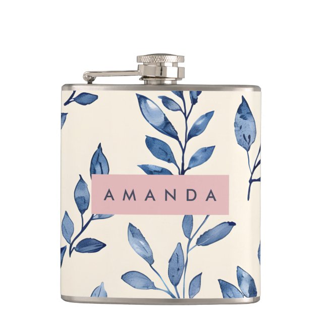 Personalized Pastel Elegant Blue Leaf  Hip Flask (Front)