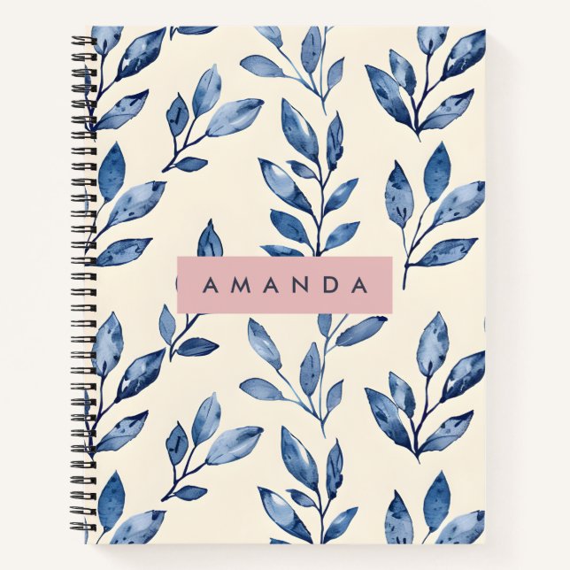 Personalized Pastel Elegant Blue Leaf  Notebook (Front)