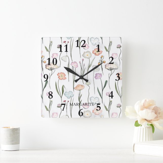 Personalized Pastel Flowers on White Square Wall Clock (Home)