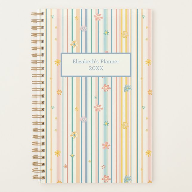 Personalized Pastel Flowers Stripes Yearly Planner (Front)