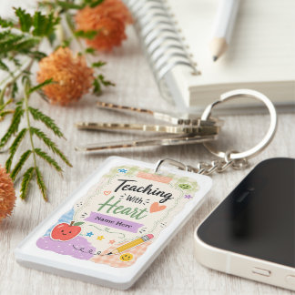 Personalized Pastel Gingham Teaching With Heart  Keychain
