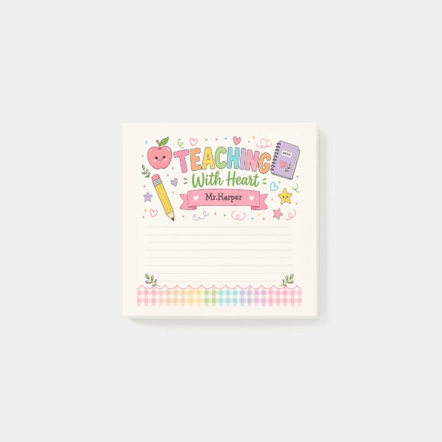 Personalized Pastel Gingham Teaching With Heart  Post-it Notes (Front)