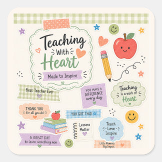 Personalized Pastel Gingham Teaching With Heart  Square Sticker