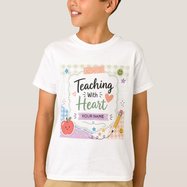 Personalized Pastel Gingham Teaching With Heart  T-Shirt (Front)