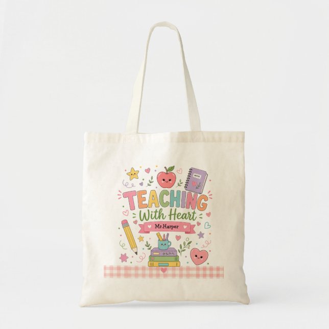 Personalized Pastel Gingham Teaching With Heart Tote Bag (Front)