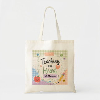 Personalized Pastel Gingham Teaching With Heart Tote Bag