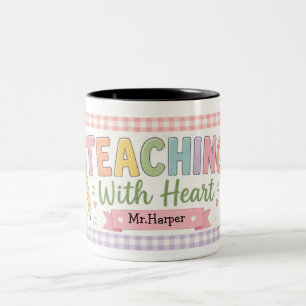  Personalized Pastel Gingham Teaching With Heart Two-Tone Coffee Mug