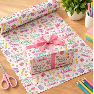 Personalized Pastel Gingham Teaching With Heart Wrapping Paper