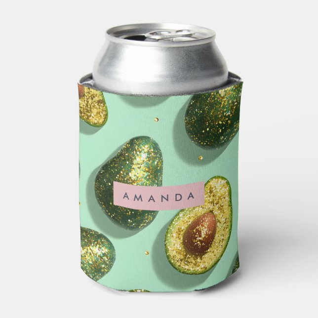 Personalized Pastel Glitter Avocado Design Can Cooler (Can Front)