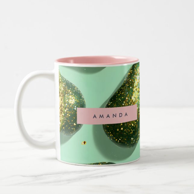 Personalized Pastel Glitter Avocado Design Two-Tone Coffee Mug (Left)