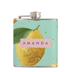 Personalized Pastel Glitter Lemon Style Hip Flask