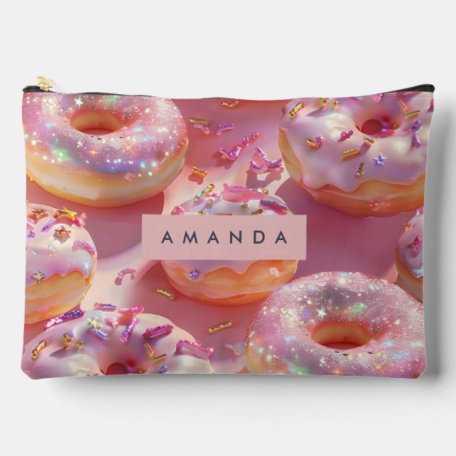 Personalized Pastel Glittering Pink Doughnut Dream Accessory Pouch (Front)