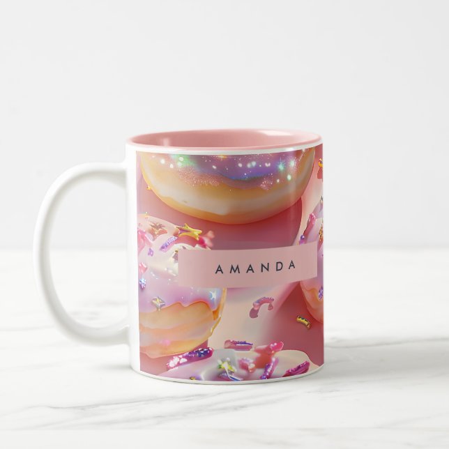 Personalized Pastel Glittering Pink Doughnut Dream Two-Tone Coffee Mug (Left)