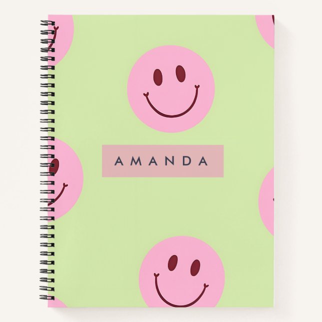 Personalized Pastel Green & Pink Smiley Face  Notebook (Front)