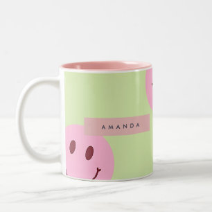 Personalized Pastel Green & Pink Smiley Face  Two-Tone Coffee Mug