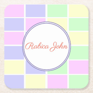 Personalized Pastel Grid Name Custom Party Drink Square Paper Coaster