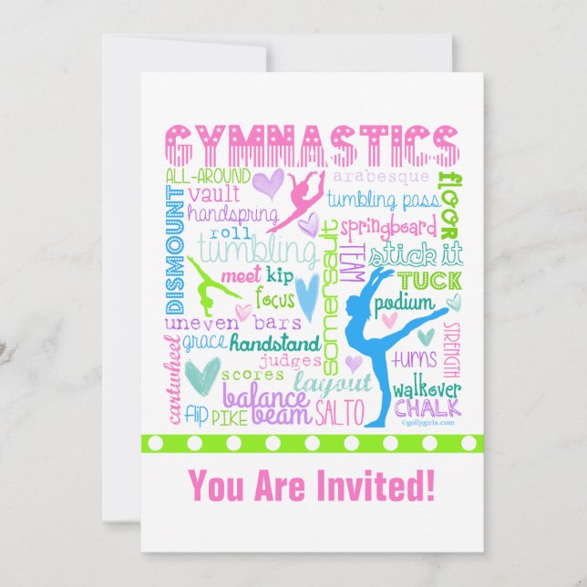 Personalized Pastel Gymnastics Words Typography Invitation (Front)