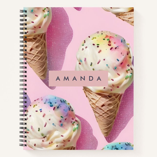 Personalized Pastel Ice Cream Cone with Sprinkles Notebook (Front)