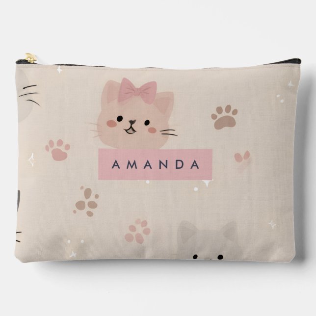 Personalized Pastel Kawaii Cat Face Pattern Accessory Pouch (Front)