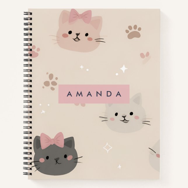 Personalized Pastel Kawaii Cat Face Pattern Notebook (Front)