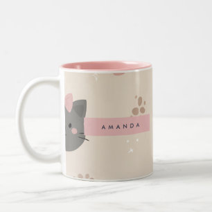 Personalized Pastel Kawaii Cat Face Pattern Two-Tone Coffee Mug