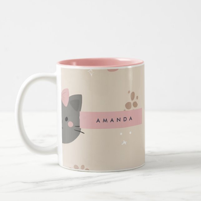 Personalized Pastel Kawaii Cat Face Pattern Two-Tone Coffee Mug (Left)