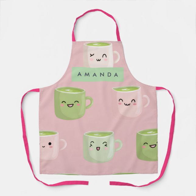 Personalized Pastel Kawaii Matcha Tea Pattern Apron (Front)