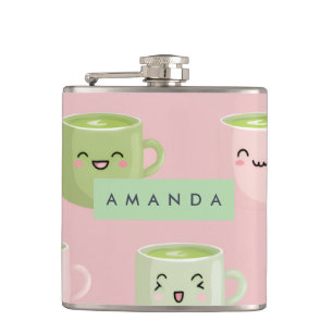 Personalized Pastel Kawaii Matcha Tea Pattern Hip Flask