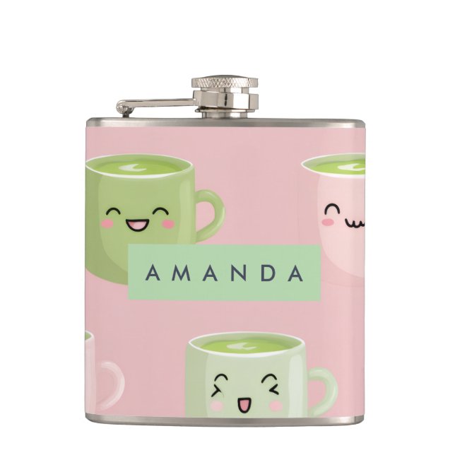 Personalized Pastel Kawaii Matcha Tea Pattern Hip Flask (Front)