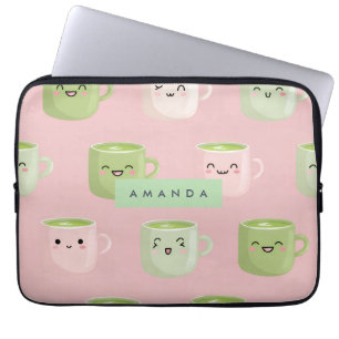 Personalized Pastel Kawaii Matcha Tea Pattern Laptop Sleeve