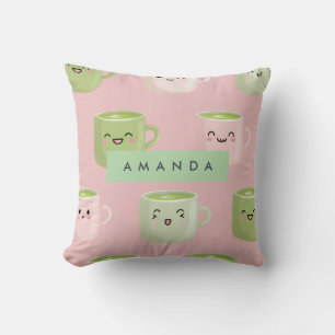 Personalized Pastel Kawaii Matcha Tea Pattern Throw Pillow