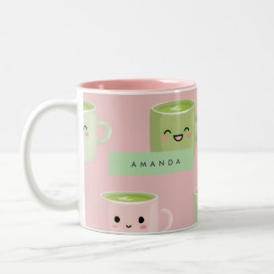 Personalized Pastel Kawaii Matcha Tea Pattern Two-Tone Coffee Mug
