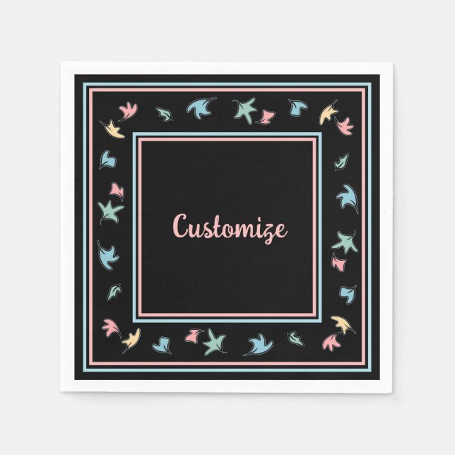 Personalized Pastel Leaves Black Napkin (Front)