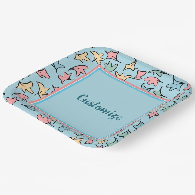 Personalized Pastel Leaves Blue Paper Plate (Angled)