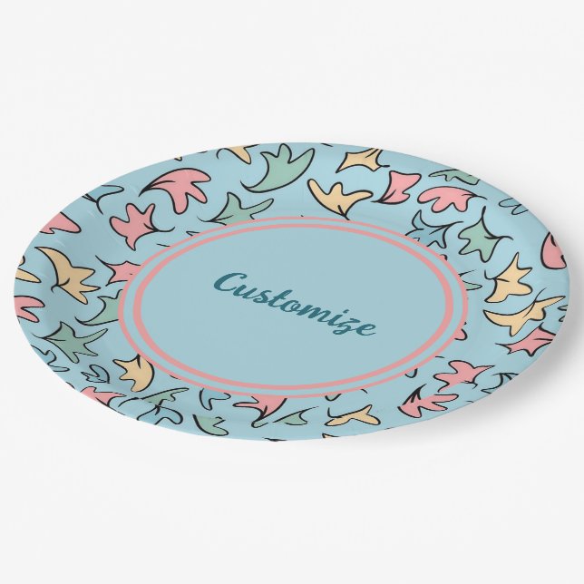 Personalized Pastel Leaves Blue Paper Plate (Angled)