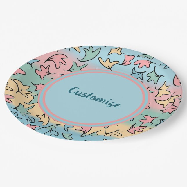 Personalized Pastel Leaves Colourful Paper Plate (Angled)
