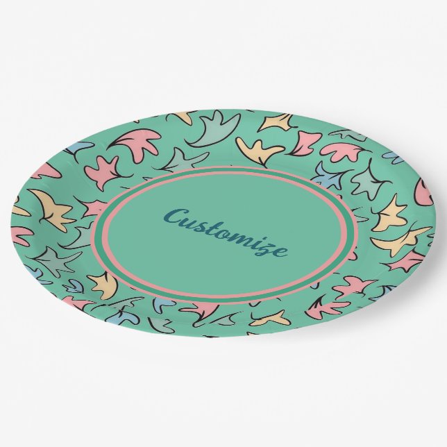 Personalized Pastel Leaves Green Paper Plate (Angled)