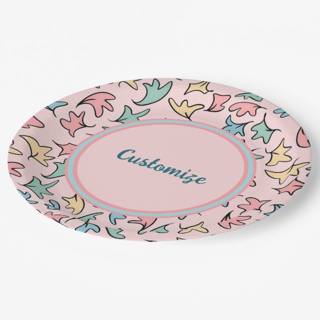 Personalized Pastel Leaves Pink Paper Plate (Angled)